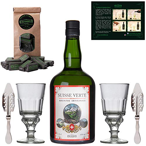 Absinth Set Suisse Verte | 1x Schweizer Absinth | 2x Absinth Gläser | 2x Absinth Löffel | 1x Zuckerwürfel