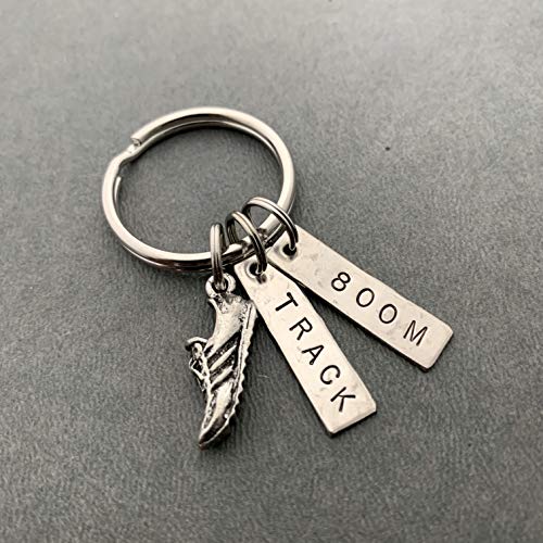 RUN TRACK 800M Key Chain - Running Shoe Charm and Hand Stamped TRACK and 800M Pendants on Round Key Ring - Track 800 Meter Race