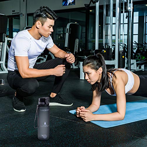 LAKIBOLE 32 oz Water Bottle BPA Free with Time Markers, Tritan Gym Water Bottle for Fitness, Outdoor Enthusiasts, Leakproof & Durable - Gray