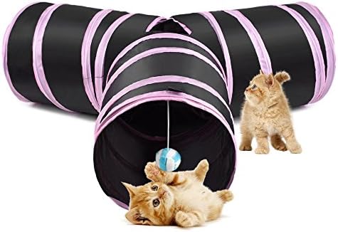 Nasus Cat Tunnel, 3 Way Crackle Paper Collapsible Tube Toy Catnip House with Fun Ball Puzzle Exercising and Playing for Kitty, Rabbits, Puppy and Small Dogs (Pink)