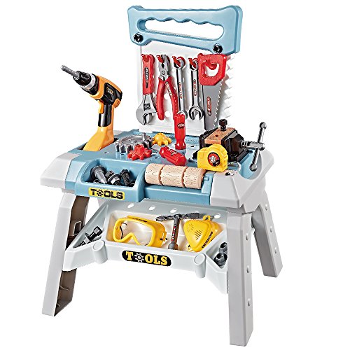 Toy Choi's Large Toddlers Power Workbench with Realistic Tools, Helmet and Electric Drill, STEM Kids Building Construction Tools Set (83 Pcs Workbench)