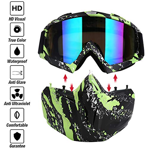 PiscatorZone Motorcycle Goggles Mask, Tactical Glasses with Detachable Mask Adjustable Windproof Outdoor Paintball Airsoft Mask Face Shield for Kids Men Women