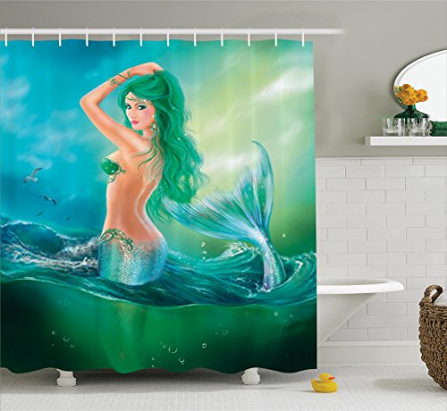 Ambesonne Underwater Shower Curtain, Mermaid in Ocean on Waves Tail Sea Creatures Dramatic Sky Dark Clouds Print, Cloth Fabric Bathroom Decor Set with Hooks, 69" W x 70" L, Blue Green