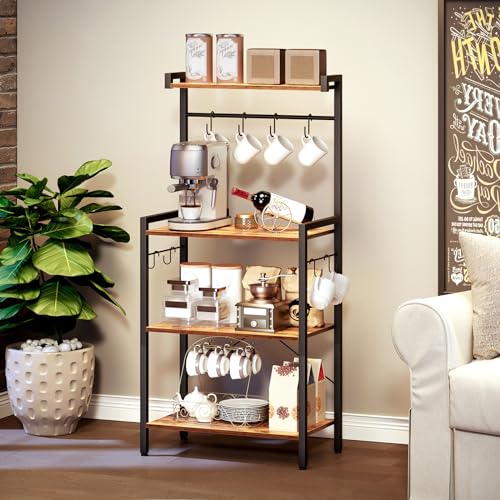 4 Tier Coffee Bar Station with Storage, Rustic Brown Corner Bakers Rack with 8 S-Shaped Hooks, High kitchen Shelves Stand Microwave Stand for Spices, Pots, Wooden Top and Black Metal Frame EBF04HB01
