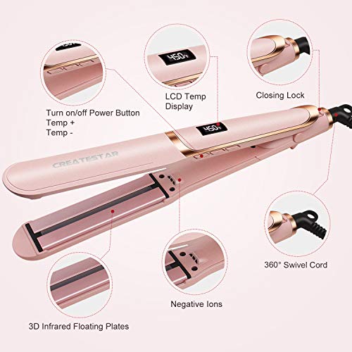 CREATESTAR 1 inch Infrared Flat Iron Ceramic Ionic Hair Straightener with Adjustable Temp | Dual Voltage | Incl Glove & Pouch Travel Hair Straightening Iron for Shiny & Silky Hair -Pink