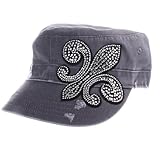 Olive & Pique Crystal Rhinestone Fleur De Lis Distressed Military Cadet Cap