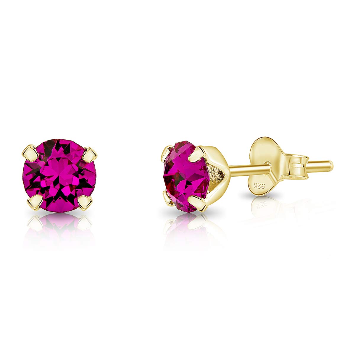 DTPSilver - 925 Sterling Silver Yellow Gold plated Round SMALL Stud Earrings made with Glittering Crystals from Swarovski® Elements - Diameter: 5 mm - Colour : Fuchsia