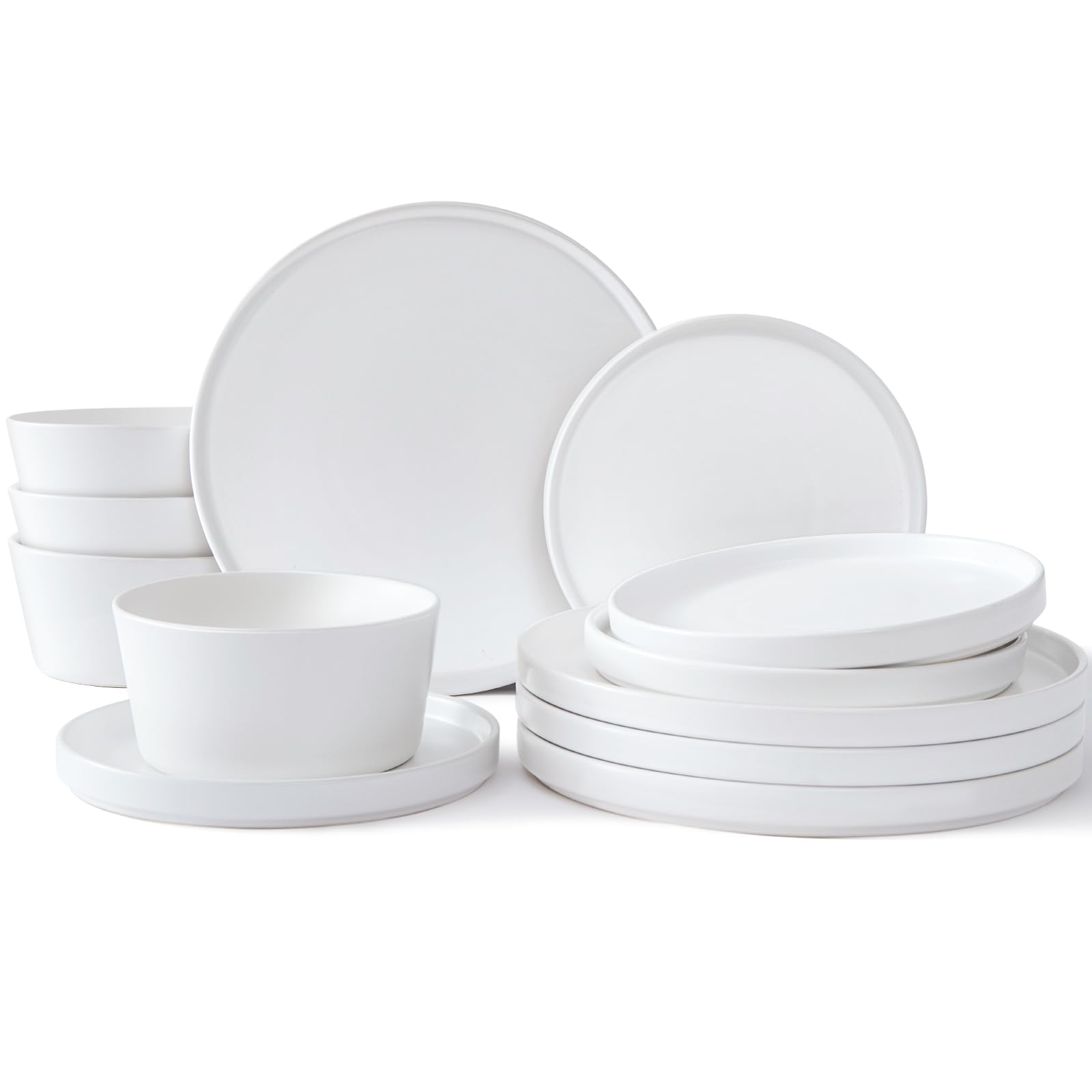 Photo 1 of UMINEUX Ceramic Dinnerware Set for 4, 12-Piece Plates and Bowls Set for Kitchen and Dining, Modern Dishes Set, Dishwasher & Microwave Safe, White