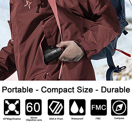 Qhui Monocular Telescope 40x60 with Extendable Tripod and Smartphone Adapter Waterproof Fogproof Low Light Version High Powered HD BAK4 Prism FMC Lens for Bird Watching, Hunting, Camping, Travelling - Thumbnail 7