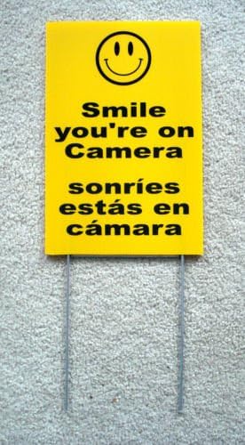 VINBOX SMILE YOU'RE ON CAMERA SIGN 8'',x12'', w/Stake Security Surveillance Spanish