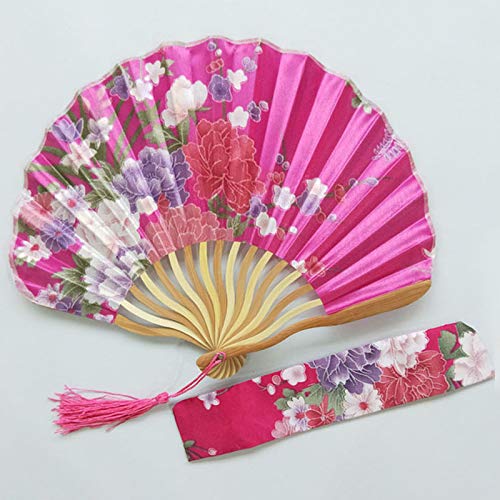 1SourceTek Silk Hand Held Folding Fans 8.27 inches (21cm) Women Hand Held Folding Fans With a Fabric Sleeve Protection for Gifts - Chinese Retro Style (Rose Red)