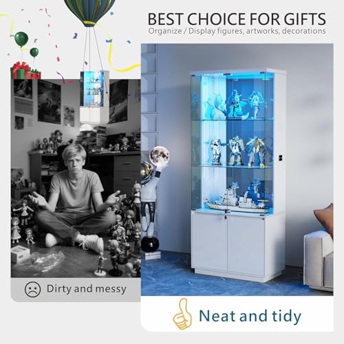 Glass Display Cabinet with Lights, Modern Curio Cabinet Display Cases for Collectibles, Locking Cabinet with Shelves & Drawers, Tall Bookcase with Human Body Sensor for Living Room, White