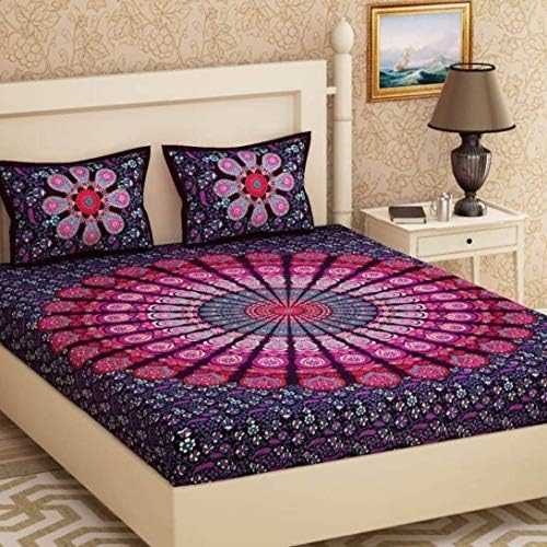 Tiger Exports Cotton Mandala Print Double Bedsheet with 2 Pillow Covers- Queen Size, Multi
