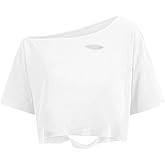 Remidoo Women's Off The Shoulder Graphic Crop Top Tee Half Sleeve Loose Fit T Shirt