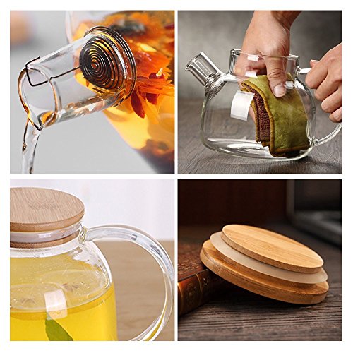 ONEISALL GYBL011 Heat Resistant Glass Teapot with Bamboo Lid Clear Glass Water Pitcher for Cold or Hot Water, Juice, Iced Tea, 33oz