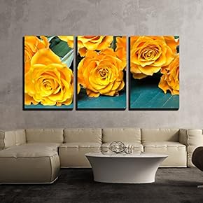 3 Piece Canvas Wall Art - Bouquet of Orange Roses on a Wooden Background - Modern Home Art Stretched and Framed Ready to Hang - 16"x24"x3 Panels