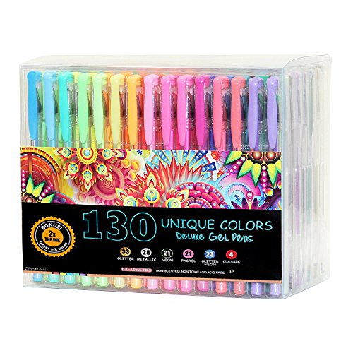 OfficeThink 130 Unique Gel Pens Set - Ergonomic Grips - Color Codes and Chart - Zero Duplicates - 60% More Ink - Non Toxic - Acid Free - BONUS 12 Adult Coloring Pages, Sketching, Crafts, and More!