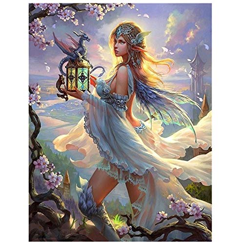 5D Diamond Painting by Number Kit, feilin Fairy and Dragon Full Drill Rhinestone Embroidery Cross Stitch Supply Arts Craft Wall Decor Gift 40x30cm