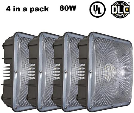 KCCCT 4 Pieces 80W Canopy LED Light Indoor Outdoor Replace HID 350W 5000K Daylight 8000Lumens Die Cast Aluminum Shell Waterproof IP65 Security Gas Station Warehouse Store Ceiling lamp Fixtures