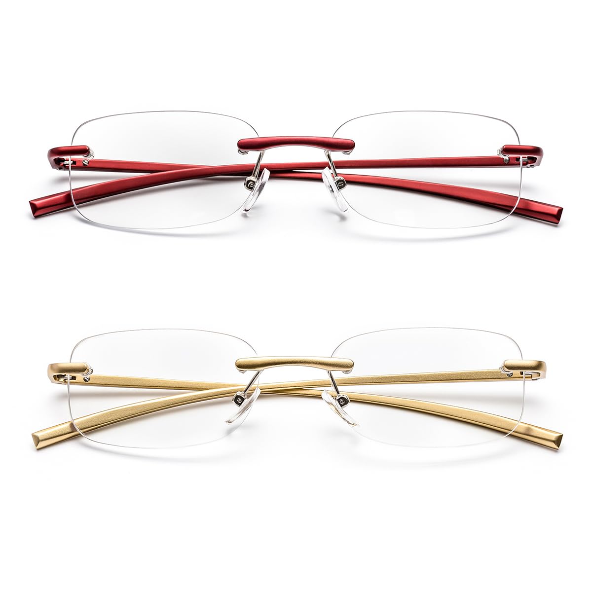 ZUVGEES 2 Pack Rimless Blue Light Blocking Reading Glasses for Men and Women with Spring Hinge Fashion Lightweight Computer Readers((Red and Gold),2.00)