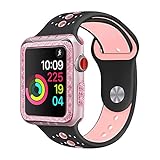GHIJKL Sports Band Compatible for Apple Watch 38mm 42mm, Soft Silicone Replacement iWatch Wristband Apple Watch Sport, Series 1, 2, 3, 4 Black/Pink with Case-38mm