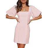 Misng Women's Square Neck Short Puff Sleeves Mini Dresses Stretch Slim Casual Dress with Zipper
