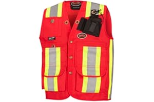 Pioneer Hi Vis Surveyor/Supervisor's Safety Vest - 12 Pockets - Hi-Vis 600D PU-Coated Oxford Poly - Snap Closure - Red