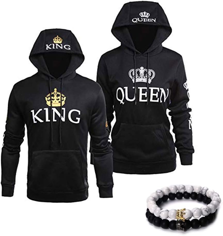 King Queen Matching Couple Hoodies and Bracelets His and Her Sweatshirts & Beads Bracelets