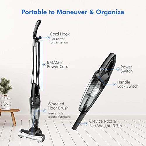 Yantop 2-in-1 Stick & Handheld Vacuum Cleaner, 15kPa Powerful Suction Hand Vacuum Lightweight Corded Pet Hair Eraser with Wheeled Turbo Brush Head for Carpet Hard Floor
