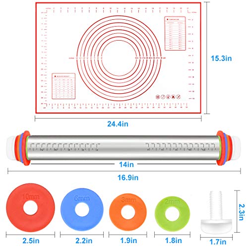 Rolling Pin,Roller for Baking with Silicon Baking Pastry Mat and Adjustable Tickness Rings, Non-Stick Mat with Measurements,Stainless Steel Rolling Pin 17 Inches for Pasta, Cookies, Pie, Pizza Dough
