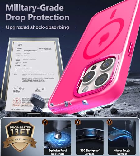 Newfuture Designed for iPhone 16 Pro Max Case with Magnetic [13 FT Military Drop Protection] [Compatible with Magsafe] Slim Translucent Matte Shockproof with Anti-Fingerprint Phone Case, Hot Pink
