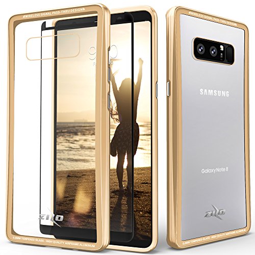 Samsung Galaxy Note 8 Case, Zizo [ATOM Series] w/[Full Curved Glass Screen Protector] Airframe Grade Aluminum w/ Glass Backing [Drop Tested] Note 8 Gold
