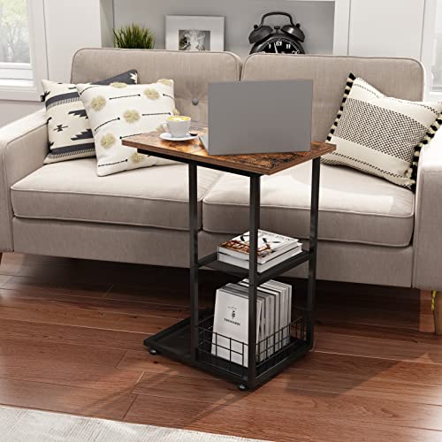 NONGSHIM C Shaped Snack Side Table with Storage Basket, Small Sofa
