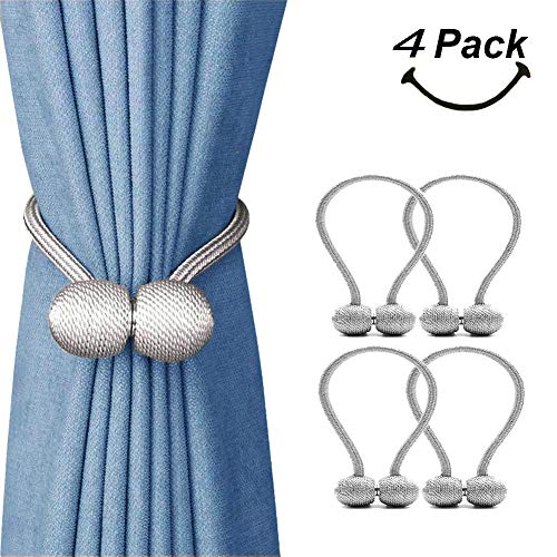 SmallDot Magnetic Curtain Tiebacks, [Pack of 4] Drapery Hooks Holdbacks Holders with Strong Magnet for Window Sheer Blackout Panels, 16 Inch, Grey