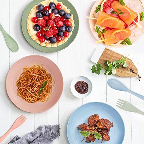 Saike 7.8\'\' 4Pack Wheat Straw Plates Reusable, Microwave and Dishwasher Safe Unbreakable Dinner Plates, Lightweight Snack Plates with Forks and Spoons