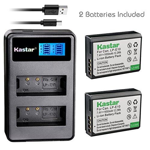 Kastar Battery (X2) & LCD Dual Slim Charger for Canon LP-E10, LC-E10 and Canon EOS 1100D, EOS 1200D, EOS Rebel T3, EOS Rebel T5, EOS Kiss X50, EOS Kiss X70 DSLR Camera & Canon LPE10 Grip