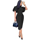 Ekaliy Women's Ruffle Sleeve Vintage Bodycon Peplum Business Formal Work Pencil Dress