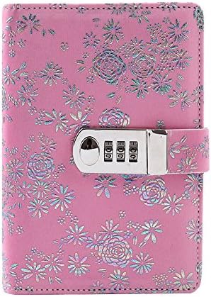 Nainaiwu Journal Writing Notebook PU Leather Travel Diary with Lock Refillable A6 Size Student Writing Book Printed Roses with Pen Holder and Card Slots (Pink)