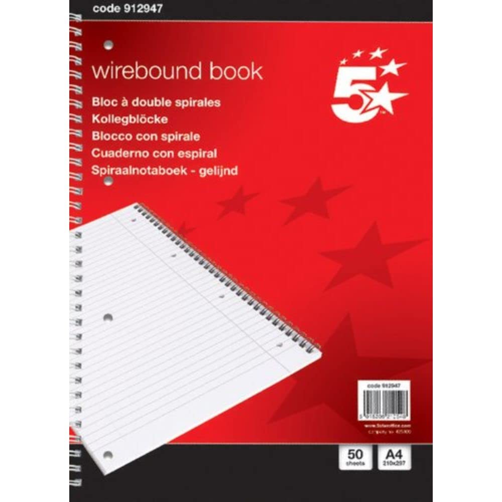 5 Star 912947 Notebook Wirebound 70gsm Ruled and Margin Perforated 50 Sheets, A4 [Pack of 10]