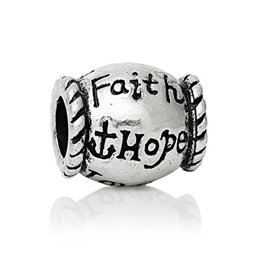 PEPPERLONELY Brand 10PC Antique Silver European Charm Beads Drum "Faith Hope" Ship Anchor Carved 4/8 x 3/8 Inch ( 12MM x 11MM )