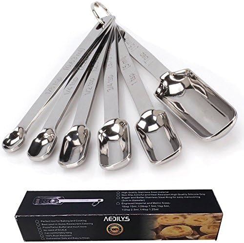 AEDILYS Set of 6 Best Measuring Spoons for Dry &amp; Liquid Ingredients -Narrow Shape to Fit in Spice Jars with Bonus Leveler Narrow Accurate Perfect for Baking &amp; Cooking - Engraved