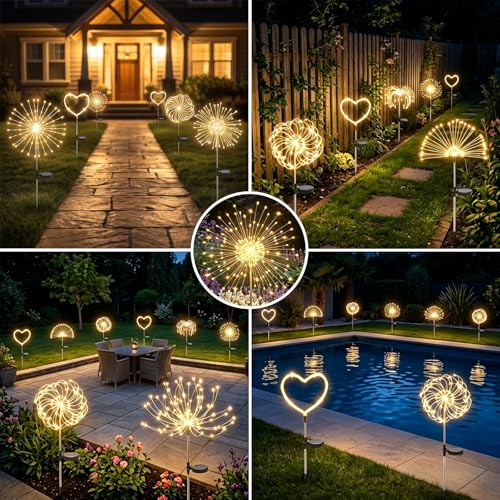 Solar Lights 120 LED Outdoor Garden Decoration, Solar Fireworks Lamps, Warm White, Waterproof Decorative Solar Light for Night Patio Balcony Sidewalks Pathway Landscape, 2 Pieces