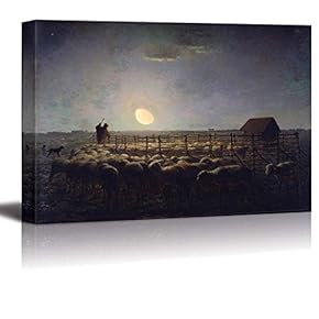 The Sheepfold, Moonlight by Jean-Francois Millet - Canvas Print Wall Art Famous Painting Reproduction -12" x 18"