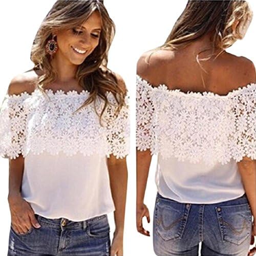 Choutia Sexy Women Off Shoulder Casual Tops Blouse Lace Crochet Chiffon Shirt (XL, White)