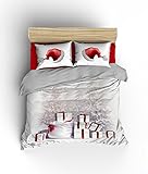 LaModaHome Christmas Duvet Cover Set, 100% Cotton, Santa Brings a lot of Gifts, Red Santa Hat, New Year - Set of 3 - Duvet Cover and 2 Pillowcases for King Size Bed