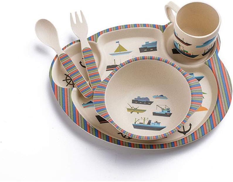 Unbreakable 5pcs Set Cartoon Bamboo Fiber Children Kid Baby Division Dinner Plates Tableware Plate Bowl Cup Spoon Fork Dinnerware (M04)