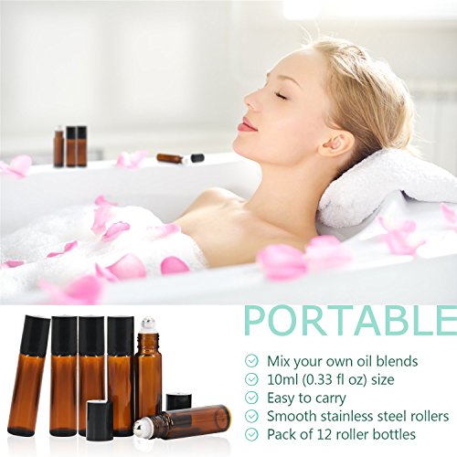 12, 10ml Roller Bottles for Essential Oils - Amber, Glass with Stainless Steel Roller Balls by Mavogel (3 Extra Roller Balls, 30 Pieces Labels, Opener, Funnel, Dropper, Brush Included)