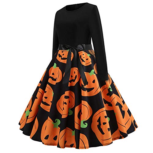 TOTOD Fashion Women's Vintage Print Long Sleeve Evening Dress- Ladies Halloween Party Swing Dress