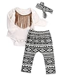 3pcs Newborn Infant Baby Girls Tassels Romper+Pants+Headband Legging Outfits Set (12-18 Months, White&Black)