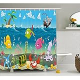 Ambesonne Kids Shower Curtain by, Funny Sea Animals Underwater Ocean View with Sail Boat Palm Trees Cartoon Artwork, Fabric Bathroom Decor Set with Hooks, 70 Inches, Multicolor